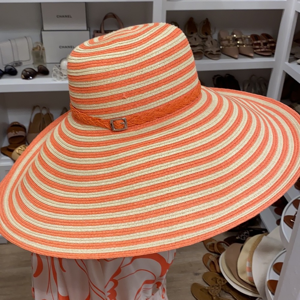 Striped Orange and Cream Wide Brim Hat - Picture 4 of 9